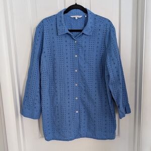 Foxcroft‎ Women's Eyelet Top Size 22W Shaped Button Up 3/4 Sleeve Office Blue